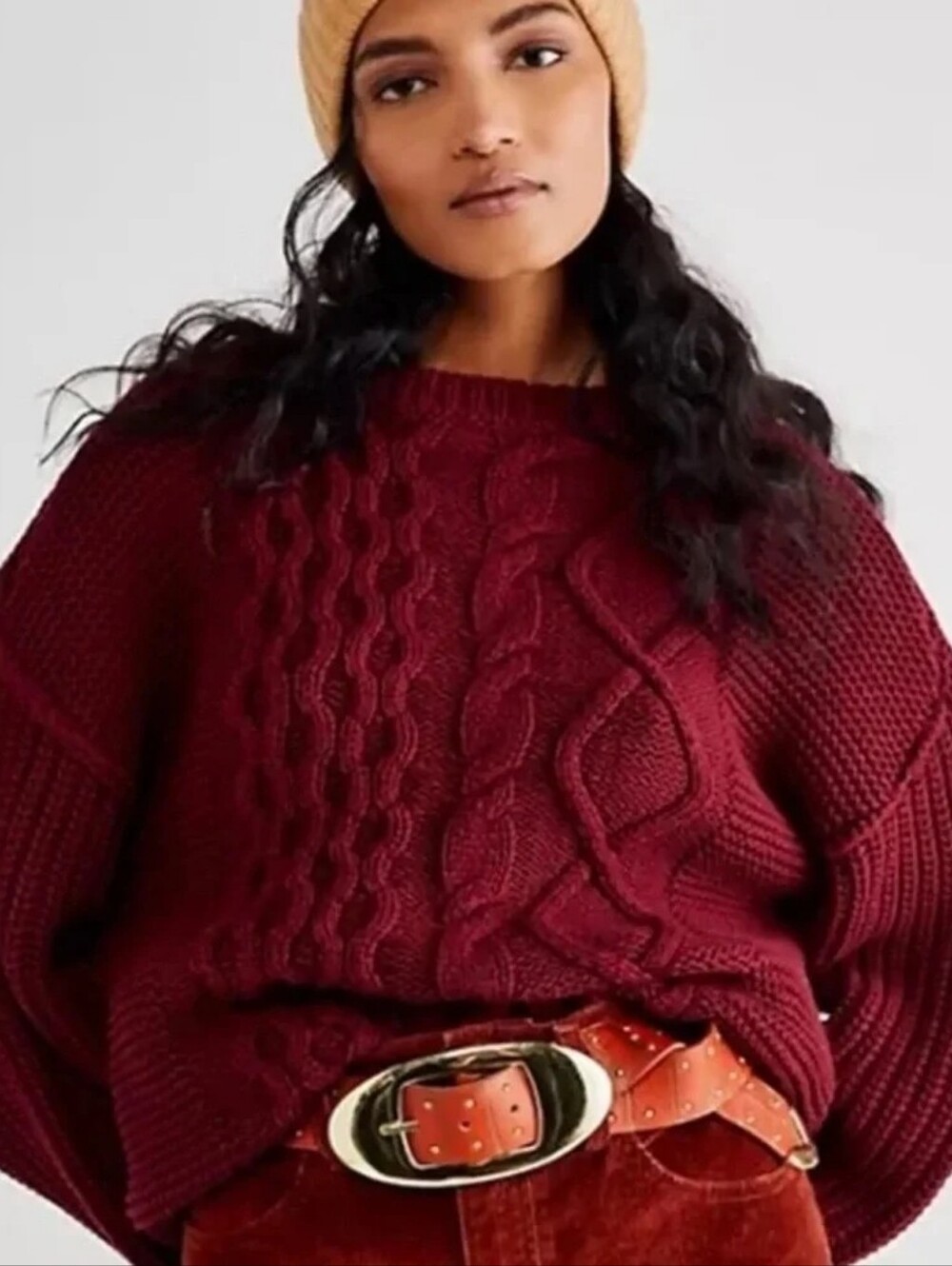 Free People Dream Cable Crewneck Sweater in Cabernet Size Small